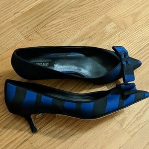 Zara Black/Navy Blue Striped Kitten Heels, Sz 39